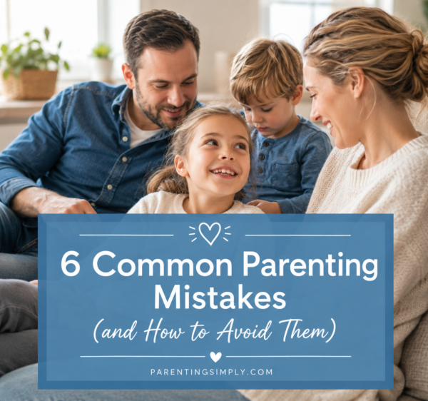 Common parenting mistakes blog graphic showing a calm parent and child with supportive parenting message